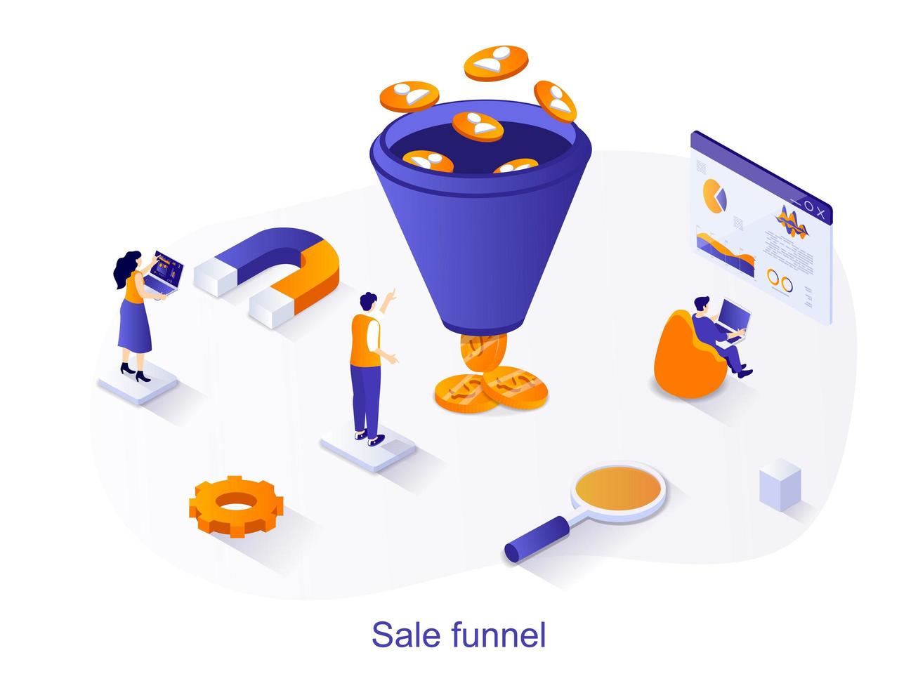Sale funnel isometric web concept. People study customer behavior, business communication with client, purchase. Marketing analytical tool scene. Vector illustration for website template in 3d design