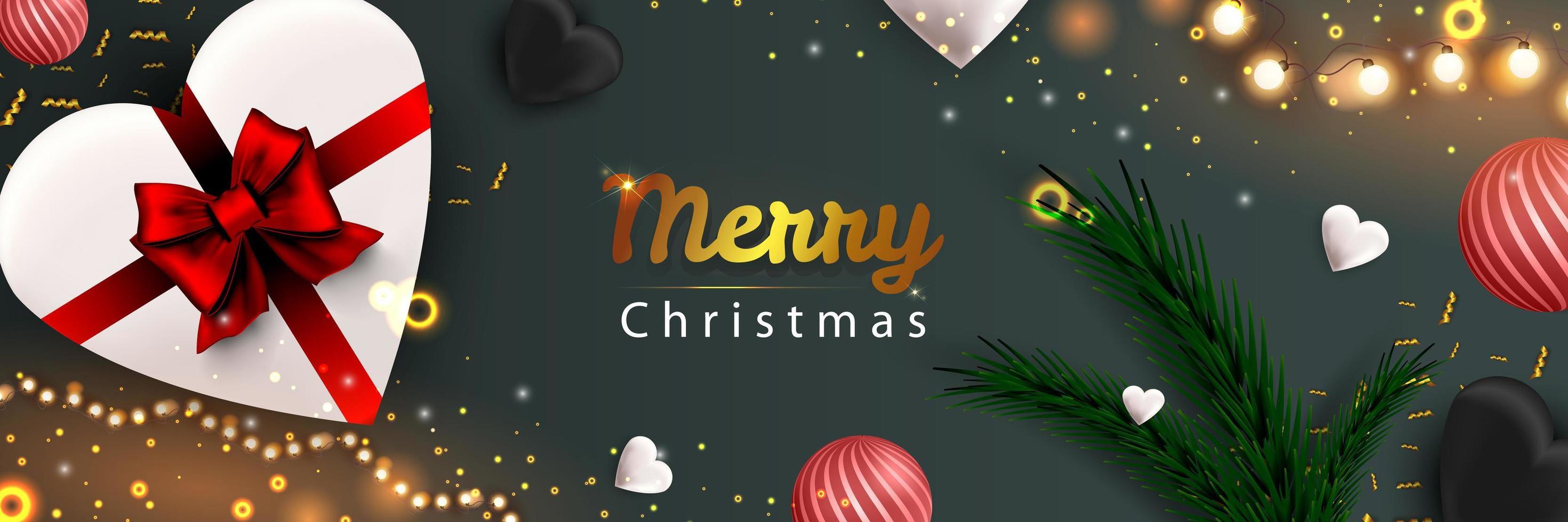 Merry Christmas web banner. Xmas and Happy New Year 2022 holiday celebration poster. Vector illustration with 3d realistic elements. Horizontal christmas poster, background, greeting cards, header.