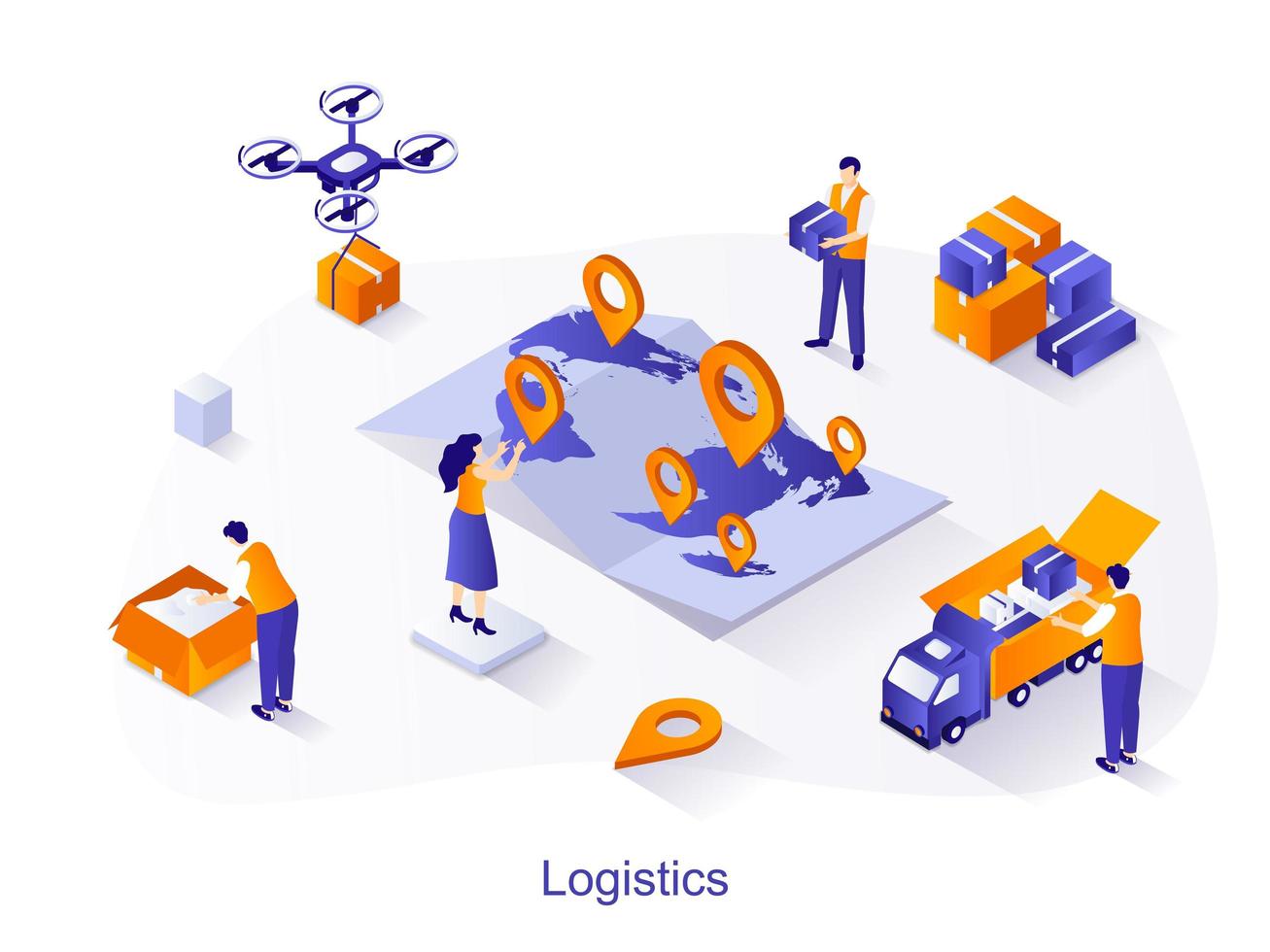 Logistics isometric web concept. People holding parcels and load boxes onto truck, transportation and fast shipping. Global delivery scene. Vector illustration for website template in 3d design