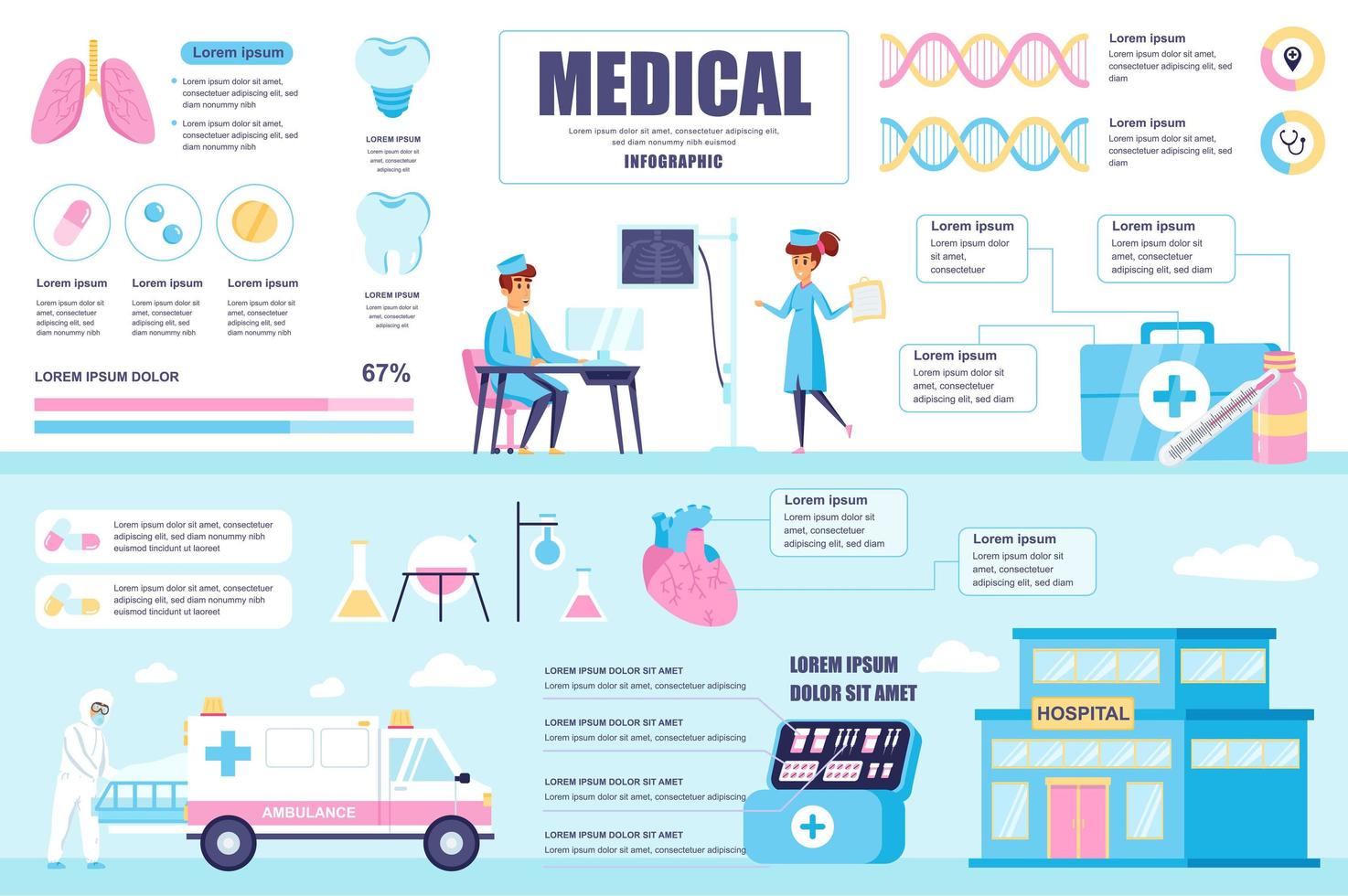 banner de concepto médico con elementos de infografía. médico y enfermera diagnostican, tratamiento, ambulancia en el hospital. plantilla de póster con visualización de datos gráficos, línea de tiempo, flujo de trabajo. ilustración vectorial vector