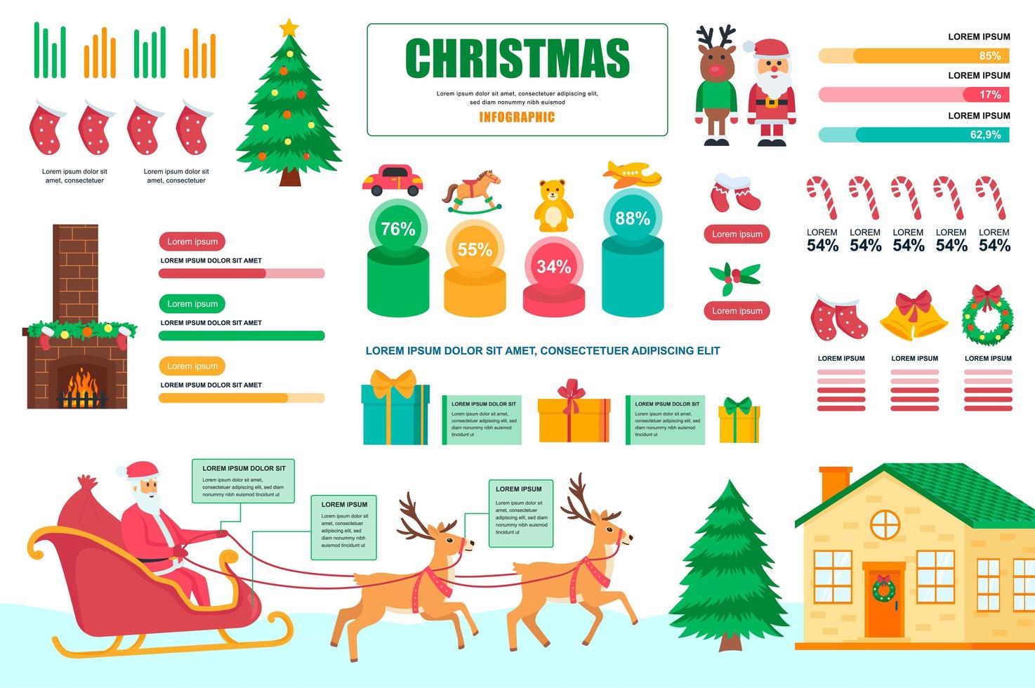 Banner de concepto de Navidad con elementos infográficos. santa claus, regalos y dulces, decoración festiva tradicional. plantilla de póster con visualización de datos gráficos, línea de tiempo, flujo de trabajo. ilustración vectorial vector