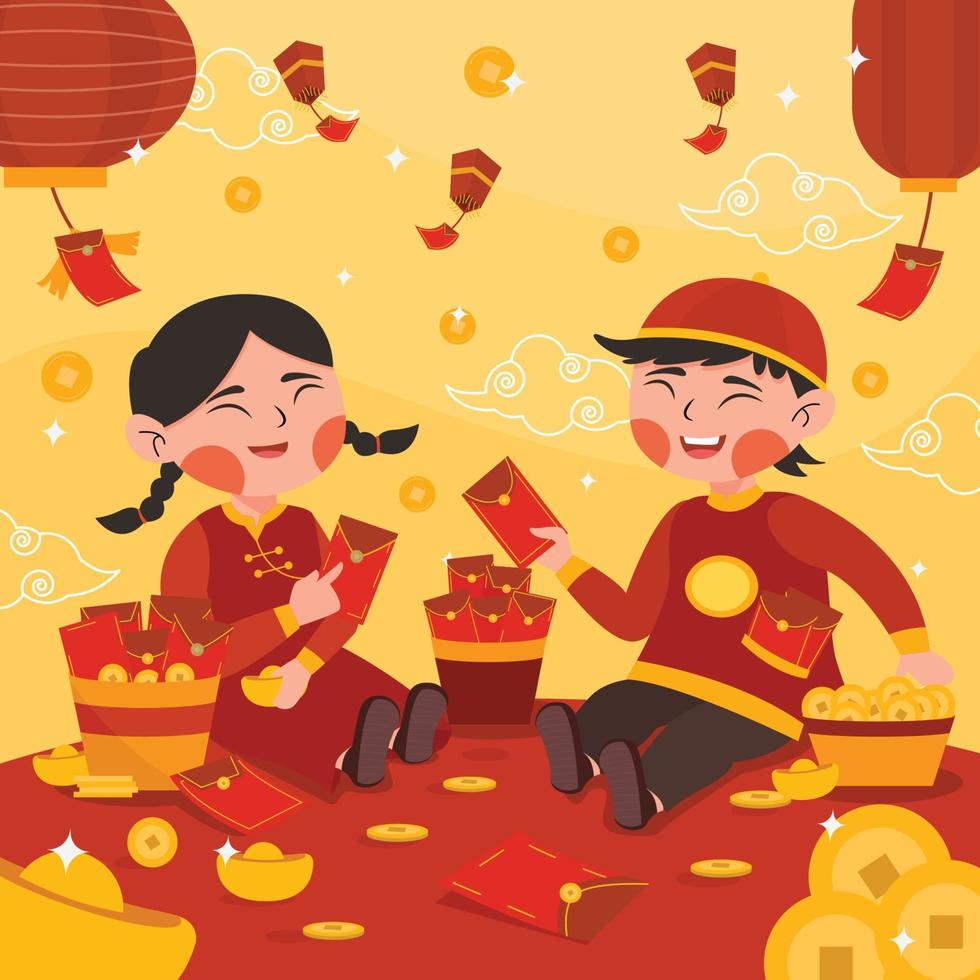 Two Children Celebrate Chinese New Year vector