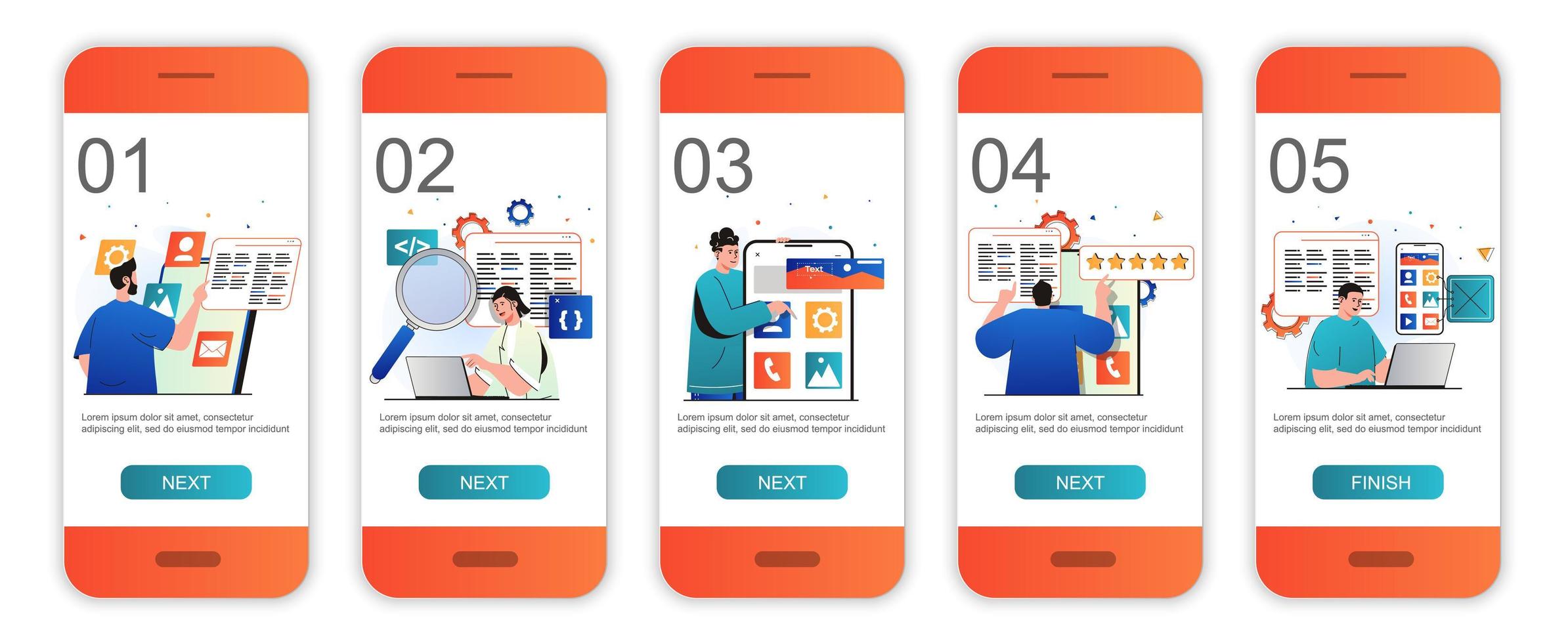 App development concept onboarding screens for mobile app templates. Developers coding and working. Modern UI, UX, GUI screens user interface kit with people scenes for web design. Vector illustration