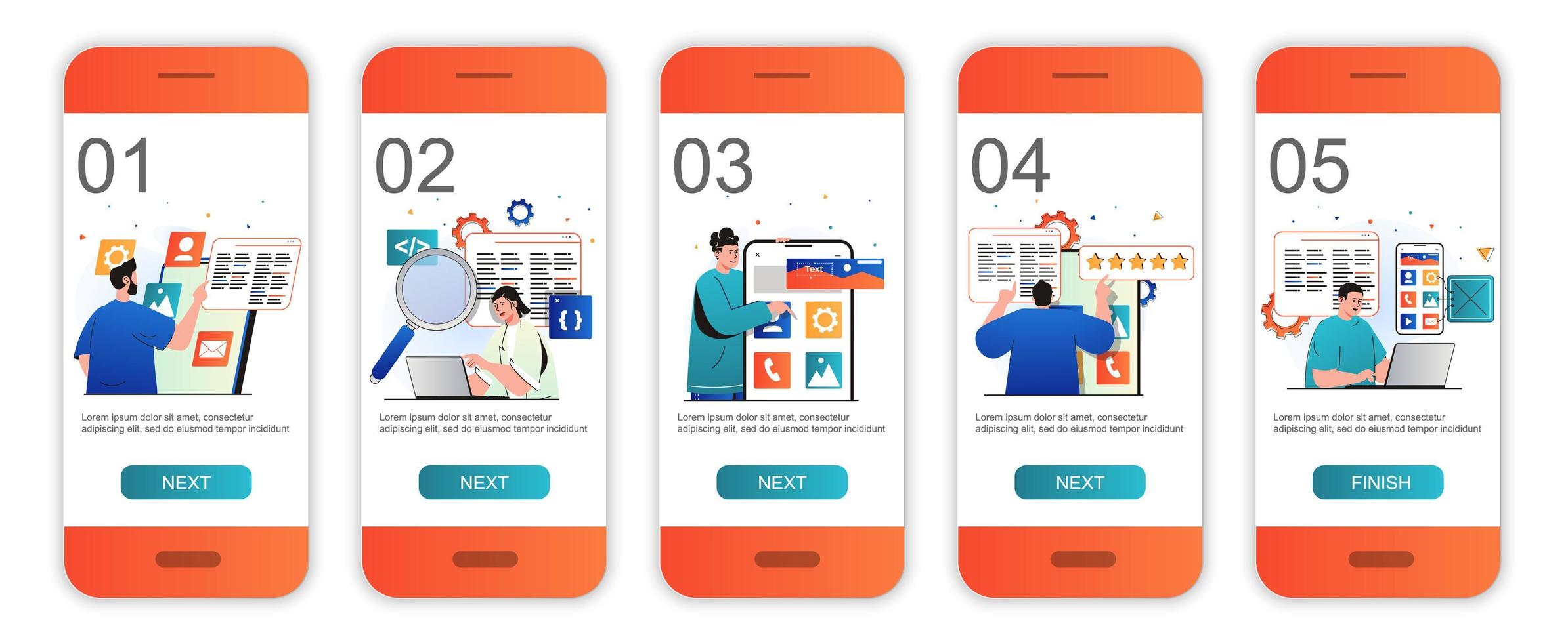 App development concept onboarding screens for mobile app templates. Developers coding and working. Modern UI, UX, GUI screens user interface kit with people scenes for web design. Vector illustration