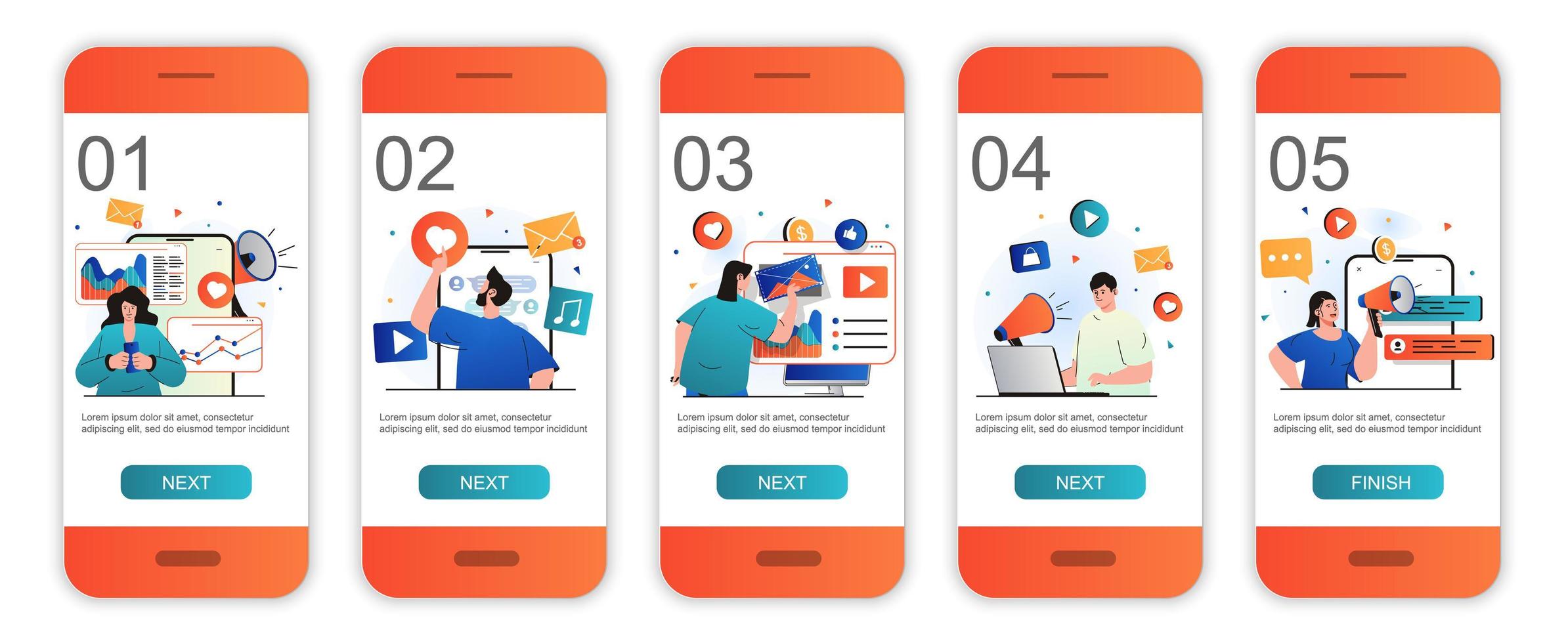 Digital marketing concept onboarding screens for mobile app templates. Advertising promotion. Modern UI, UX, GUI screens user interface kit with people scenes for web design. Vector illustration