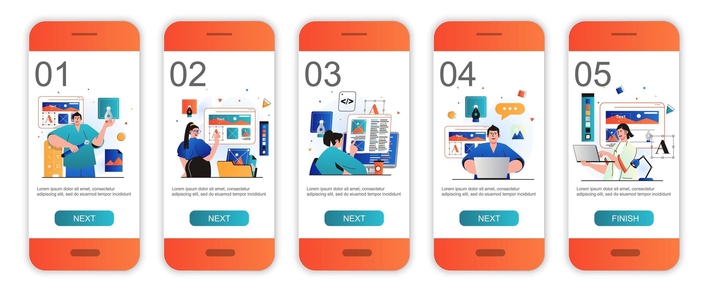 Web design concept onboarding screens for mobile app templates. Developers create page layout. Modern UI, UX, GUI screens user interface kit with people scenes for web design. Vector illustration