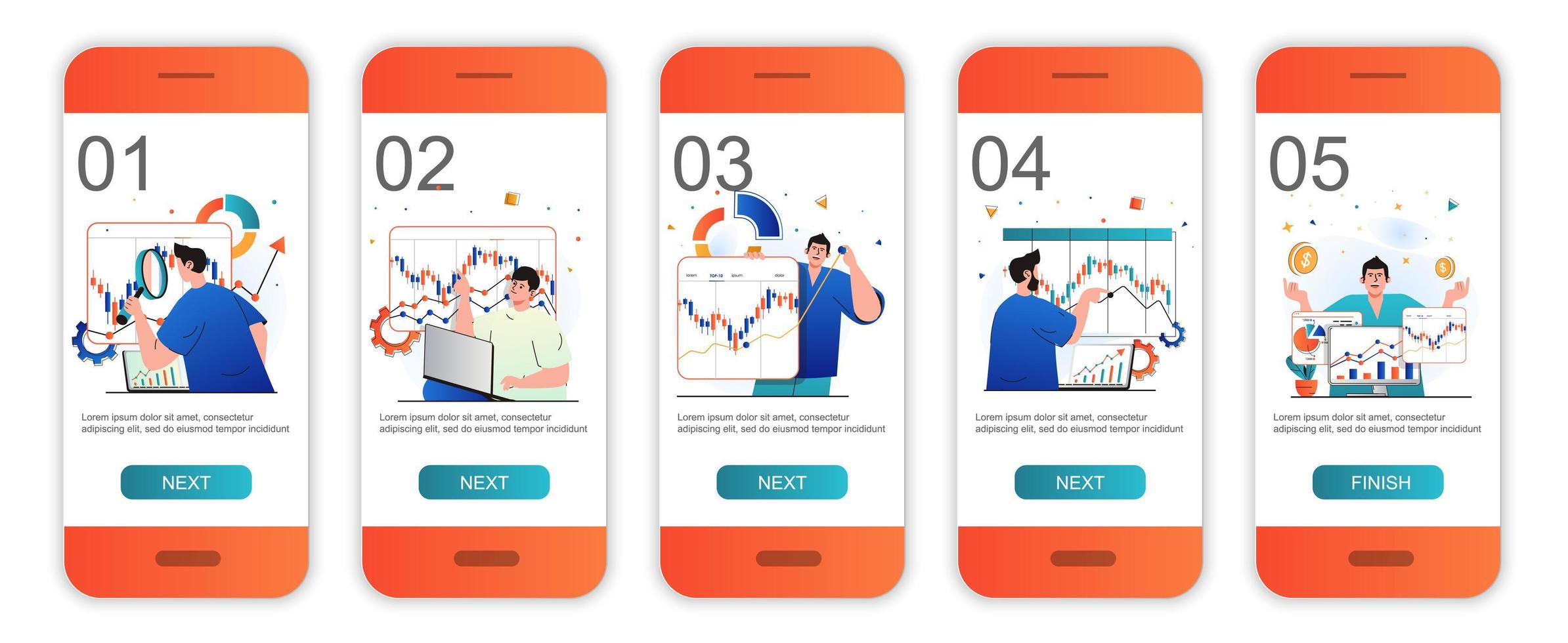Stock market concept onboarding screens for mobile app templates. Analyzing financial data graph. Modern UI, UX, GUI screens user interface kit with people scenes for web design. Vector illustration