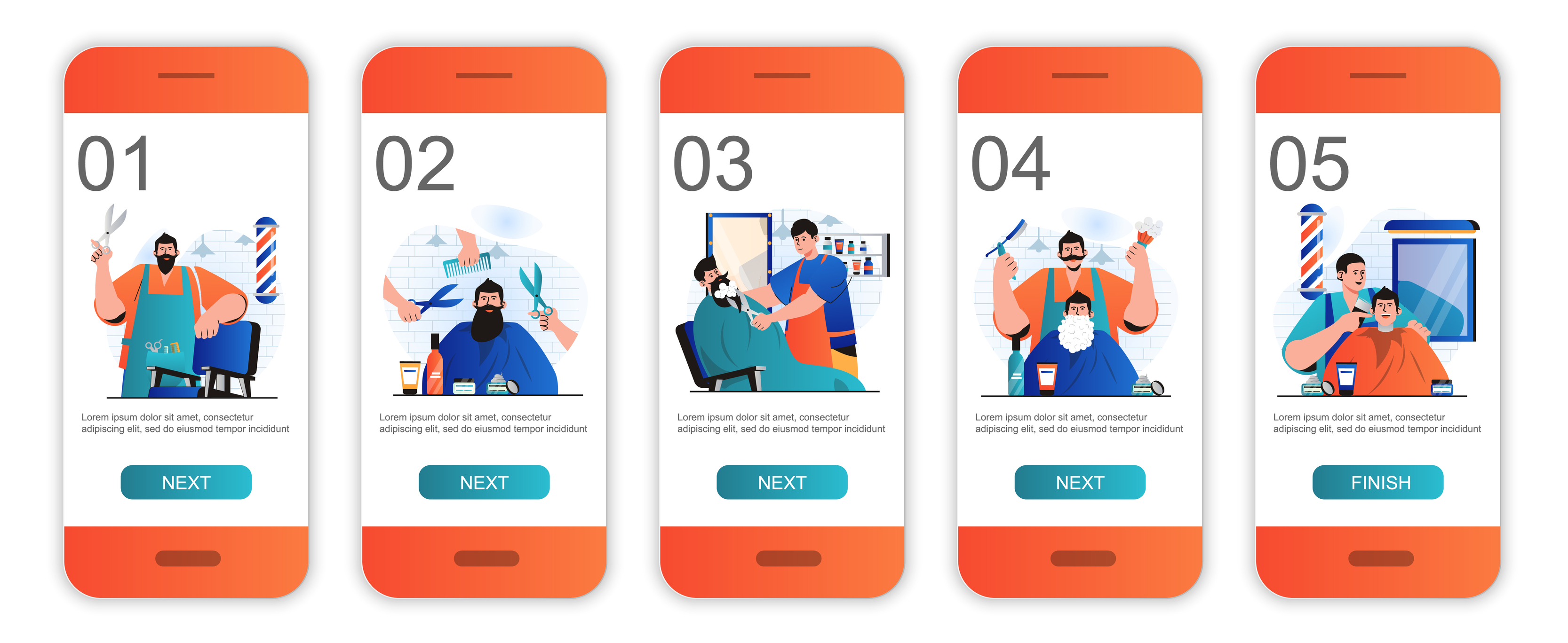 Barbershop concept onboarding screens for mobile app templates 