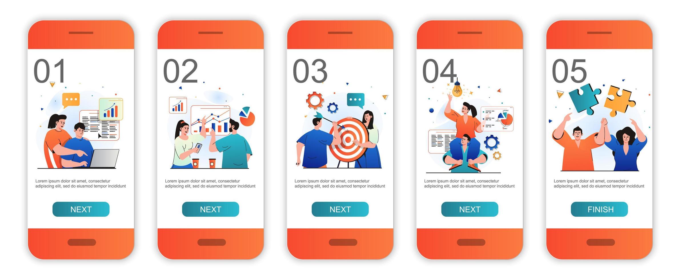 Teamwork concept onboarding screens for mobile app templates. Colleagues work, brainstorming. Modern UI, UX, GUI screens user interface kit with people scenes for web design. Vector illustration