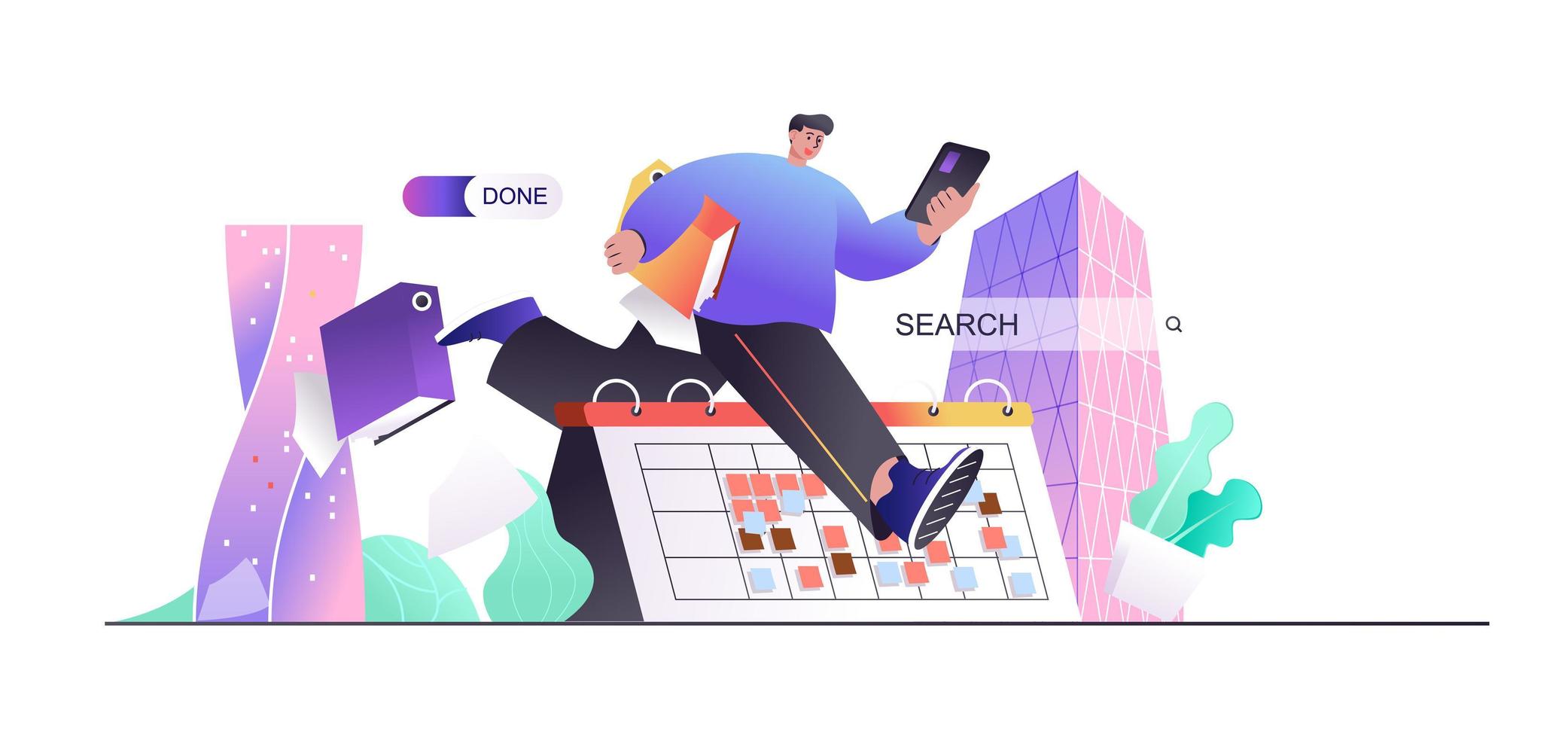 Business planning concept for web banner. Man doing work tasks, hurrying to deadline, time management in office modern people scene. Vector illustration in flat cartoon design with person characters