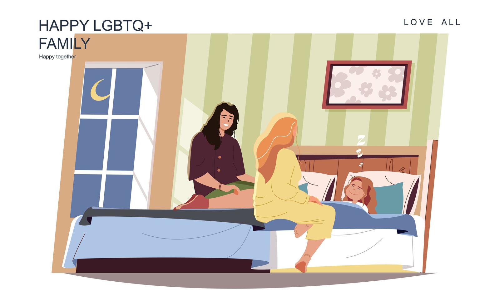 Happy LGBT family concept. Female mothers put little daughter to bed at home. Diverse homosexual couple, lesbian relationship, parenthood and motherhood. Vector illustration of people in flat design