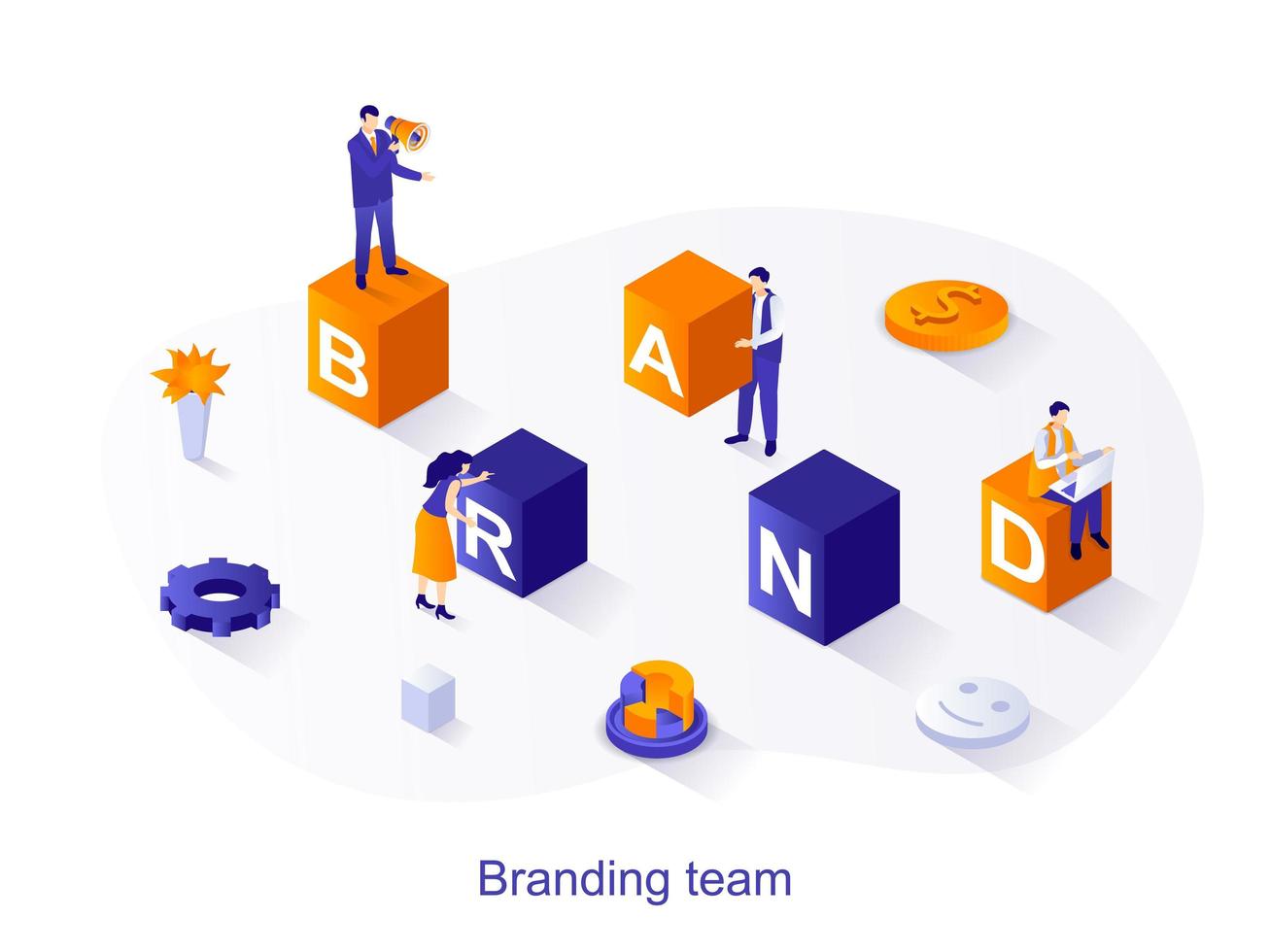 Branding team isometric web concept. People create brand corporate identity, reputation management. Company development success strategy scene. Vector illustration for website template in 3d design