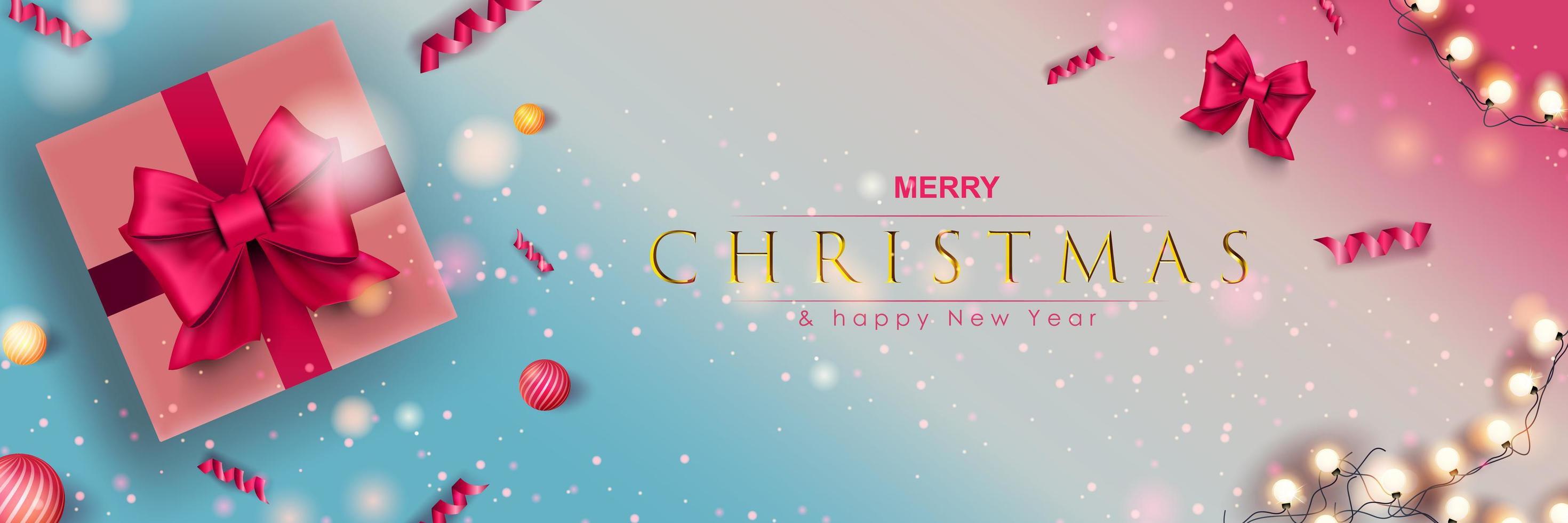 Merry Christmas web banner. Xmas and Happy New Year 2022 holiday celebration poster. Vector illustration with 3d realistic elements. Horizontal christmas poster, background, greeting cards, header.