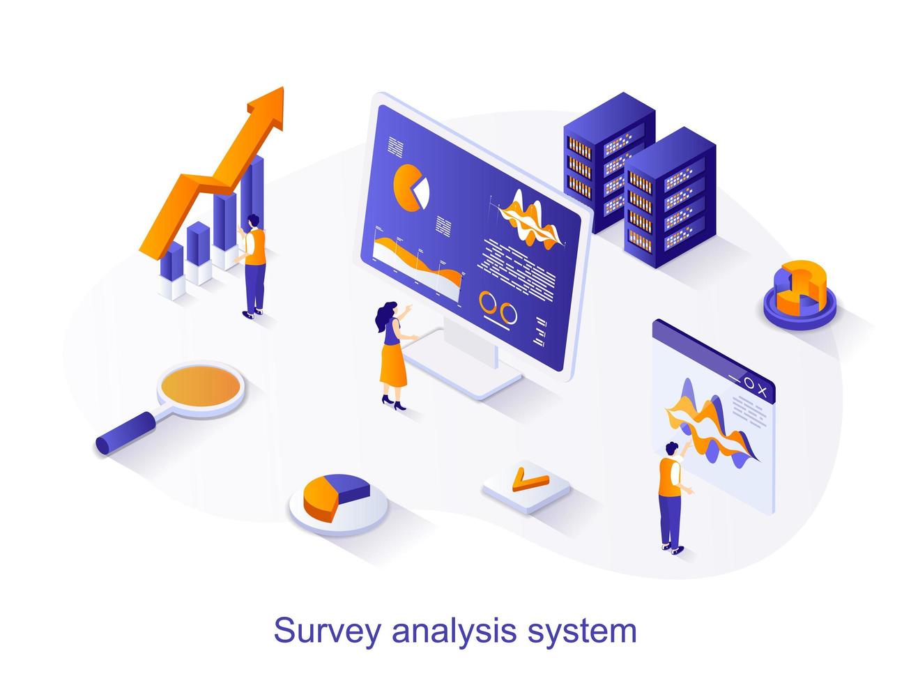 Survey analysis system isometric web concept. People analyze data from customer opinion questionnaires, research data, work with databases scene. Vector illustration for website template in 3d design