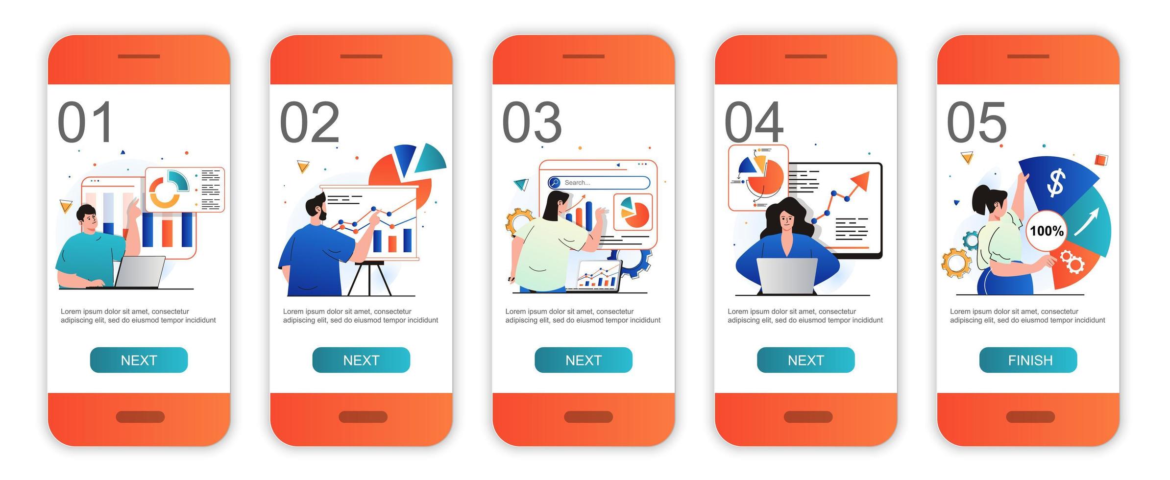 Sales performance concept onboarding screens for mobile app templates. Marketers analyze data. Modern UI, UX, GUI screens user interface kit with people scenes for web design. Vector illustration