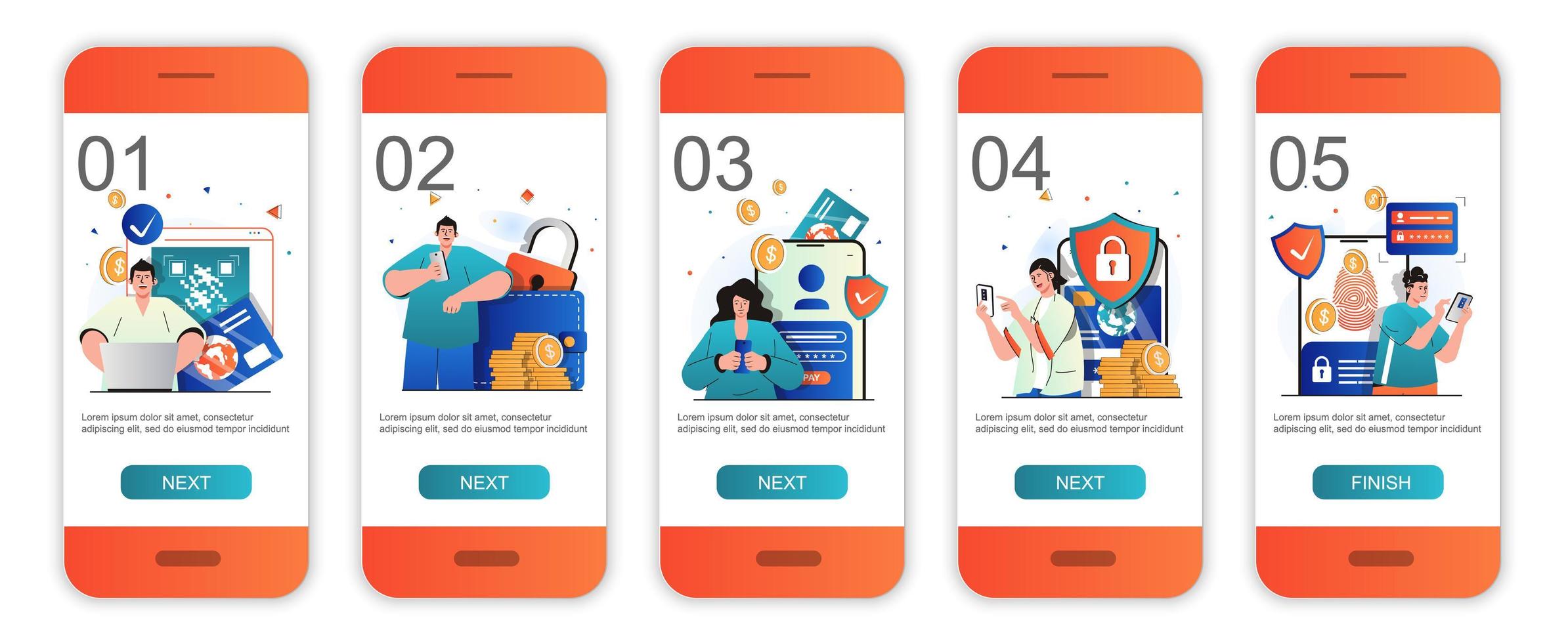 Secure payment concept onboarding screens for mobile app templates. Protection of transactions. Modern UI, UX, GUI screens user interface kit with people scenes for web design. Vector illustration