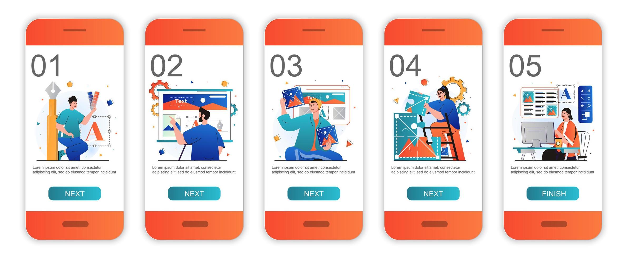 Design studio concept onboarding screens for mobile app templates. Designers draw layout elements. Modern UI, UX, GUI screens user interface kit with people scenes for web design. Vector illustration