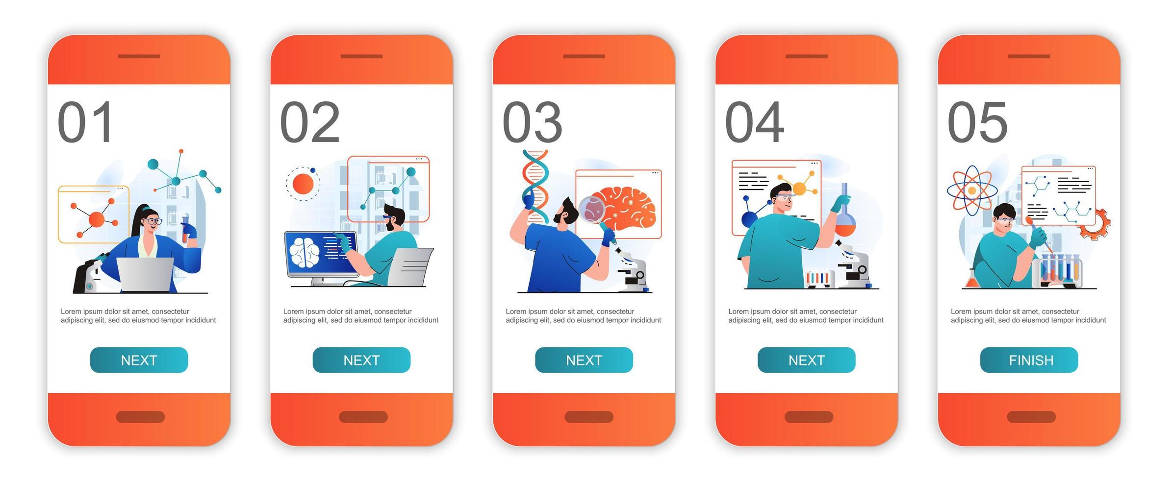 Science research concept onboarding screens for mobile app templates