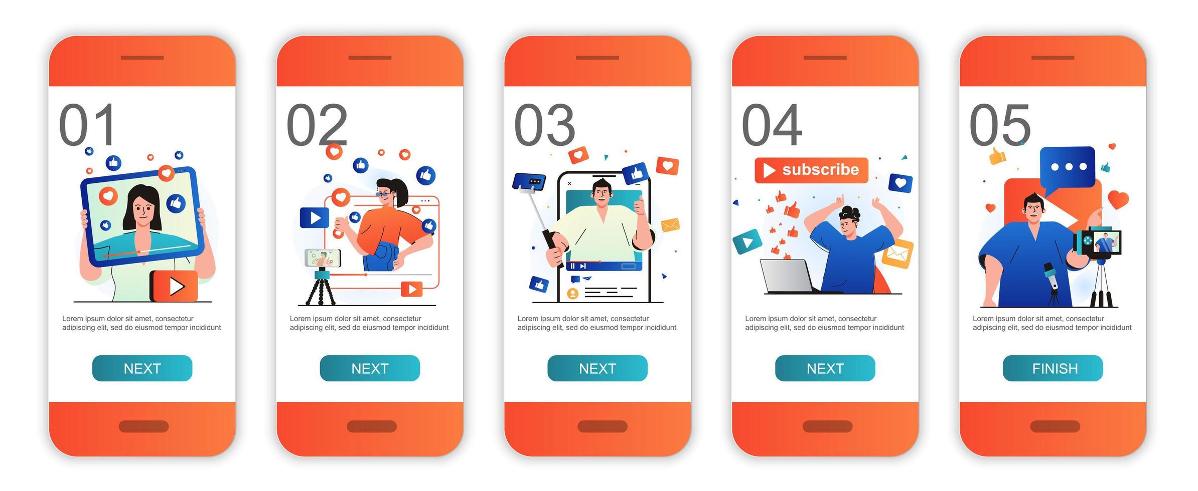 Video blogging concept onboarding screens for mobile app templates. Bloggers create video content. Modern UI, UX, GUI screens user interface kit with people scenes for web design. Vector illustration