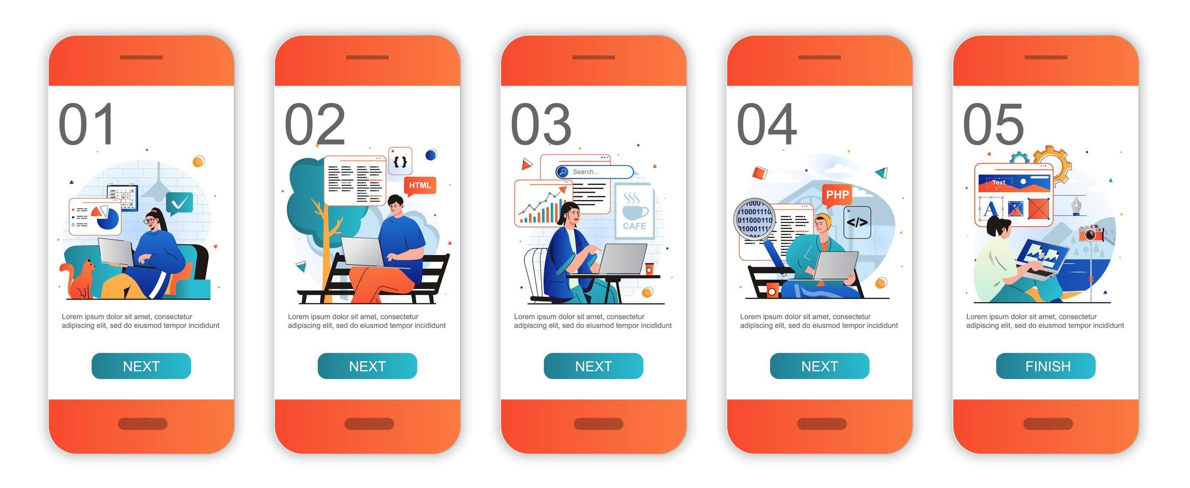 Freelance working concept onboarding screens for mobile app templates. Freelancers with laptops. Modern UI, UX, GUI screens user interface kit with people scenes for web design. Vector illustration