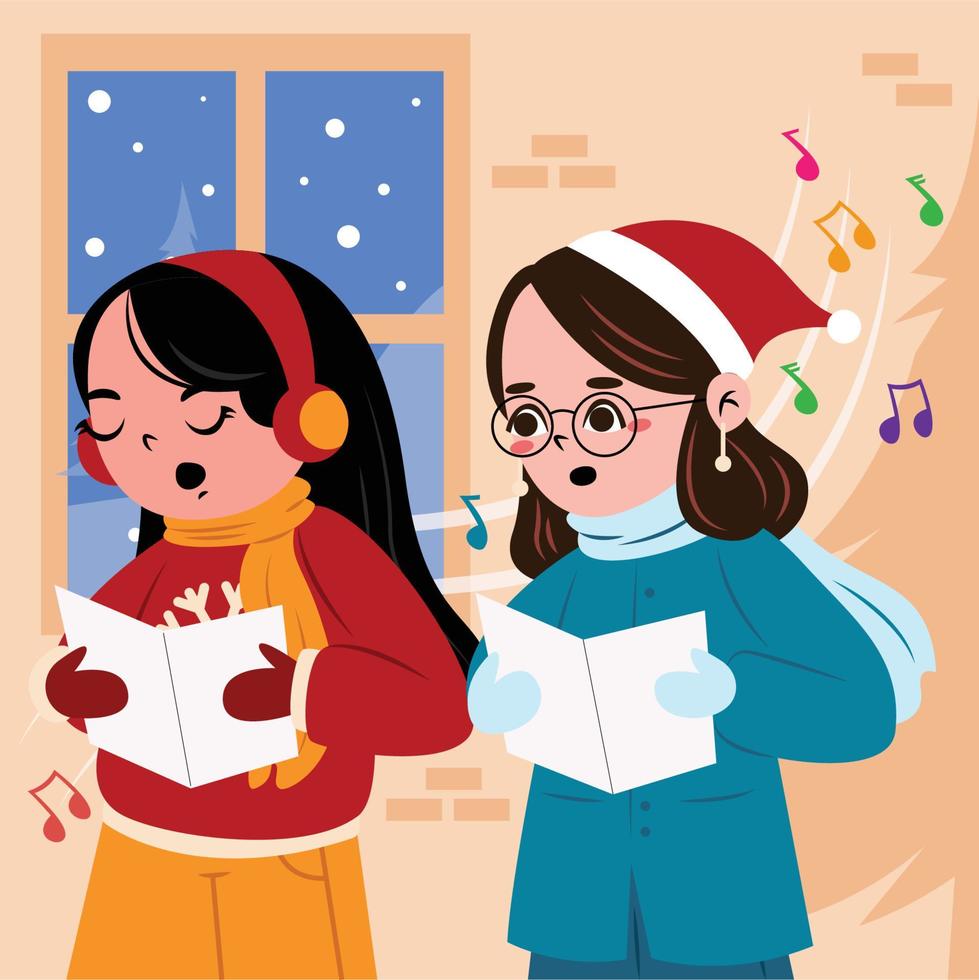 Two People Singing Carols Concept vector