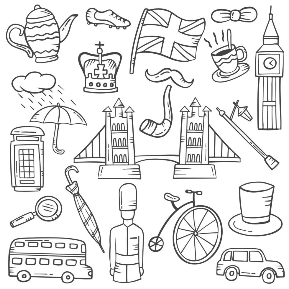 Inglaterra concepto doodle conjunto de colecciones dibujadas a mano con estilo de contorno blanco y negro vector