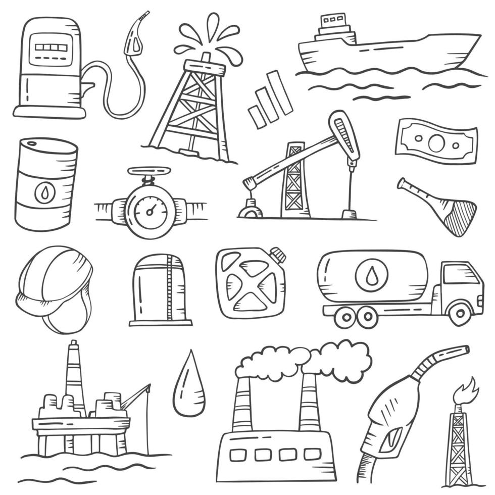 Conjunto de colecciones dibujadas a mano de doodle de industria de petróleo y gas con estilo de contorno en blanco y negro vector