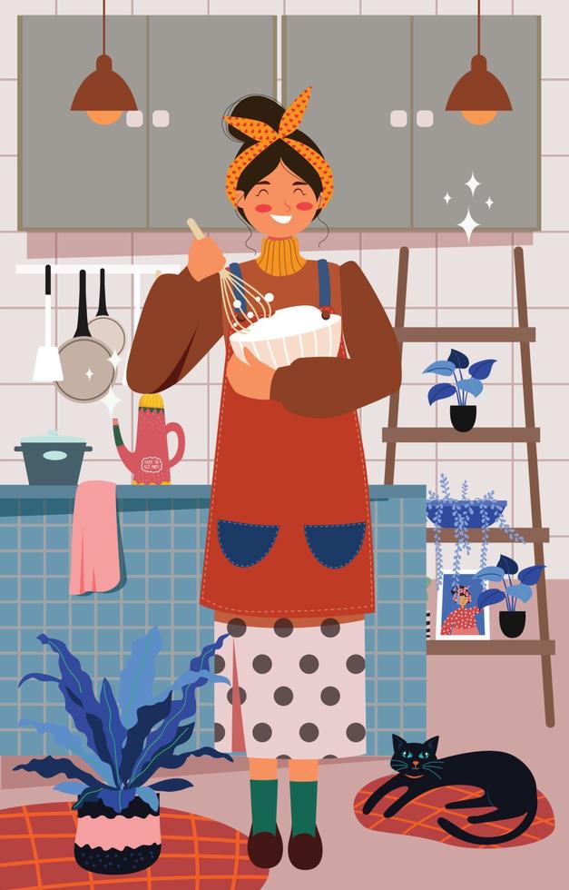 Young Woman Cooking at Home vector