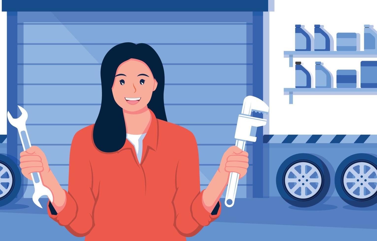 Woman Mechanic With Garage Background vector