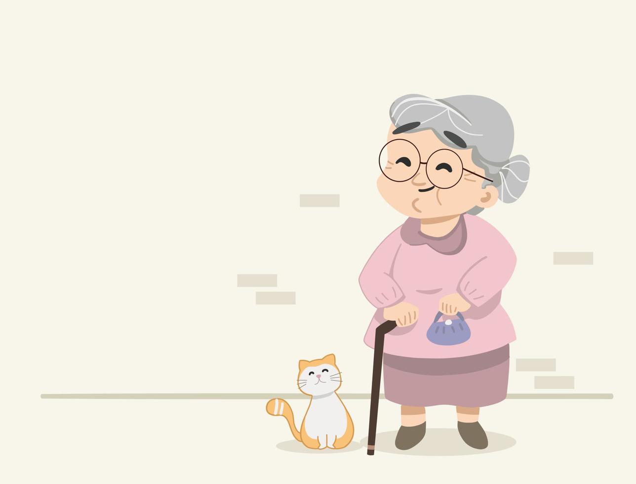 abuela feliz con su gato. abuela con gafas. linda abuela sosteniendo bolso y escena de gato. ilustración vectorial plana aislada diseñada. vector