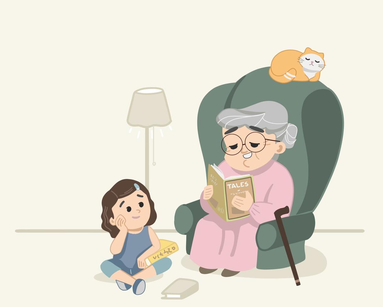 Granny telling tales and reading stories to cute granddaughter, while cat sleeping on the couch. Cute granny, little girl and kitty scene indoors inside room. Little girl sitting on floor. vector