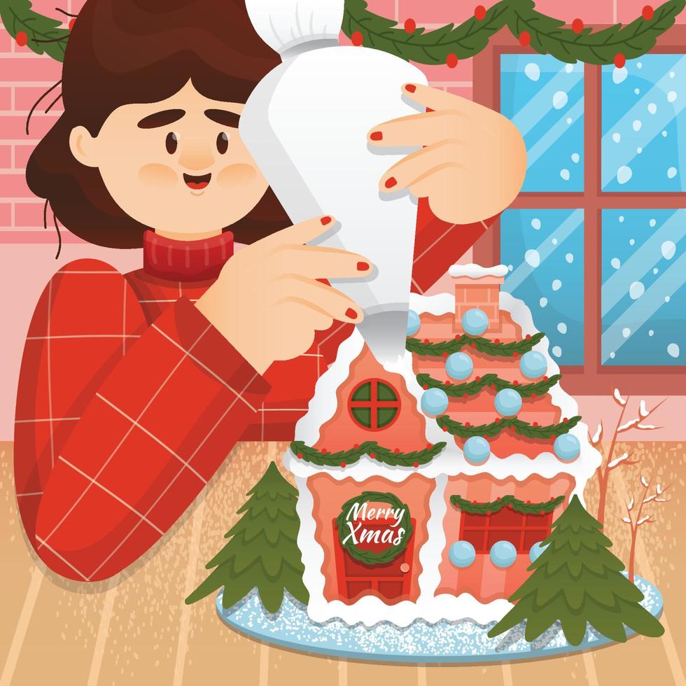 Girl Decorating Gingerbread House vector