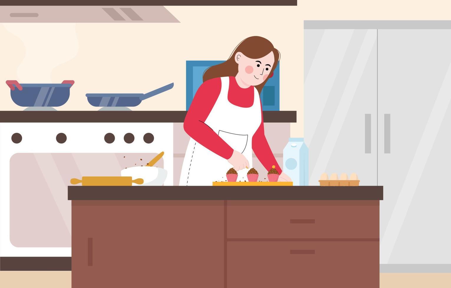 mujer horneando cupcakes en la cocina vector