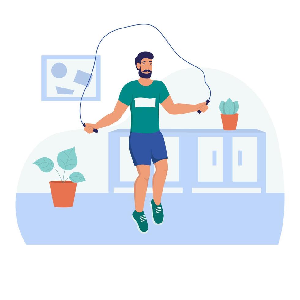 un joven salta sobre una cuerda. deportes en casa, entrenamiento en la calle, estilo de vida saludable. ilustración vectorial de dibujos animados plana. vector