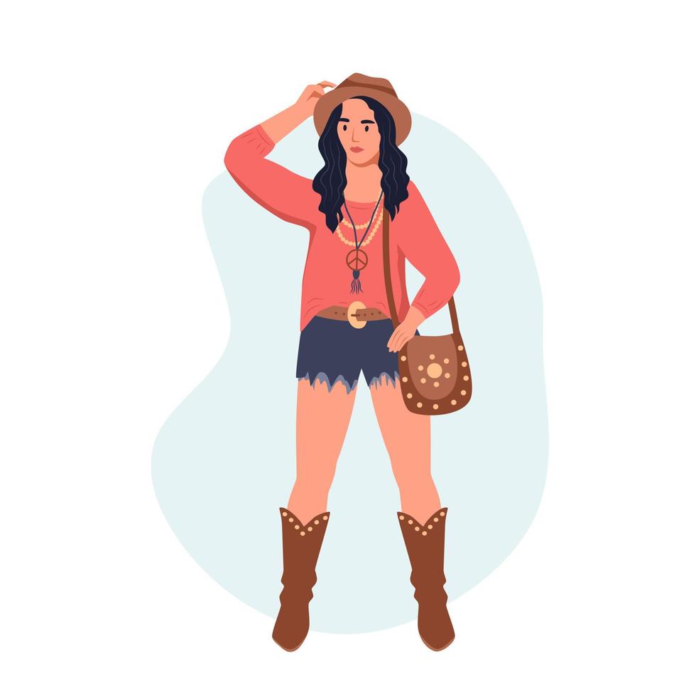 Boho outfits. A young woman in a hat, cowboy boots, shorts and blouse. Fashionable girl in boho style. Flat vector illustration