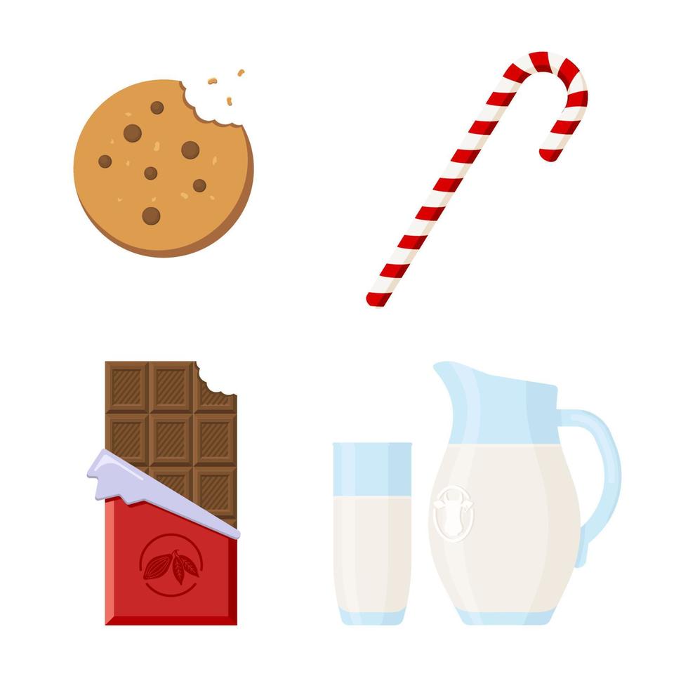 colección de golosinas dulces. estilo plano. chocolate, galleta, cacao y leche. Iconos de golosinas de invierno para logotipo, etiqueta, adhesivo, impresión, receta, decoración y decoración del menú vector