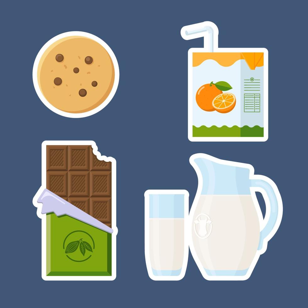 Kids Snacks Stickers Set. Collection of flat style meal icons cookie, chocolate and Milk in different package for logo, label, print, recipe, menu, decor and decoration vector