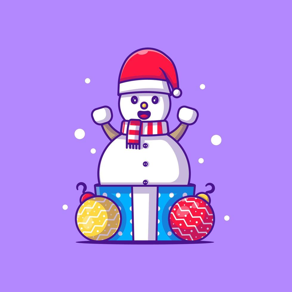 Ilustración de personaje de muñeco de nieve con regalo de navidad feliz navidad vector