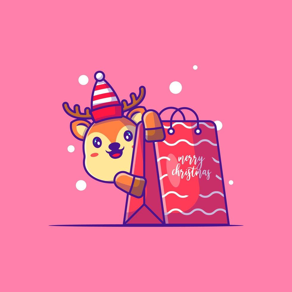 Ilustración de un lindo ciervo con bolsa de compras. Feliz Navidad vector