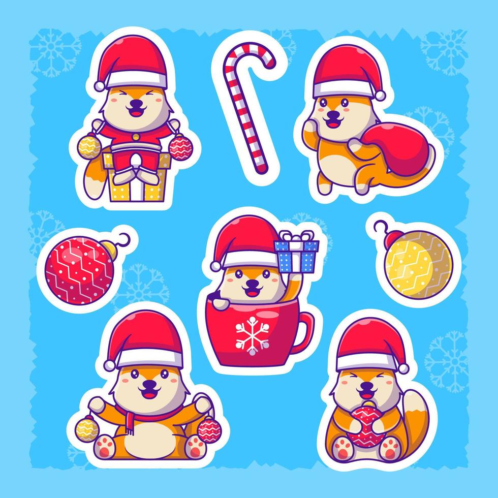 Cute Cartoon Fox Merry christmas sticker collection vector