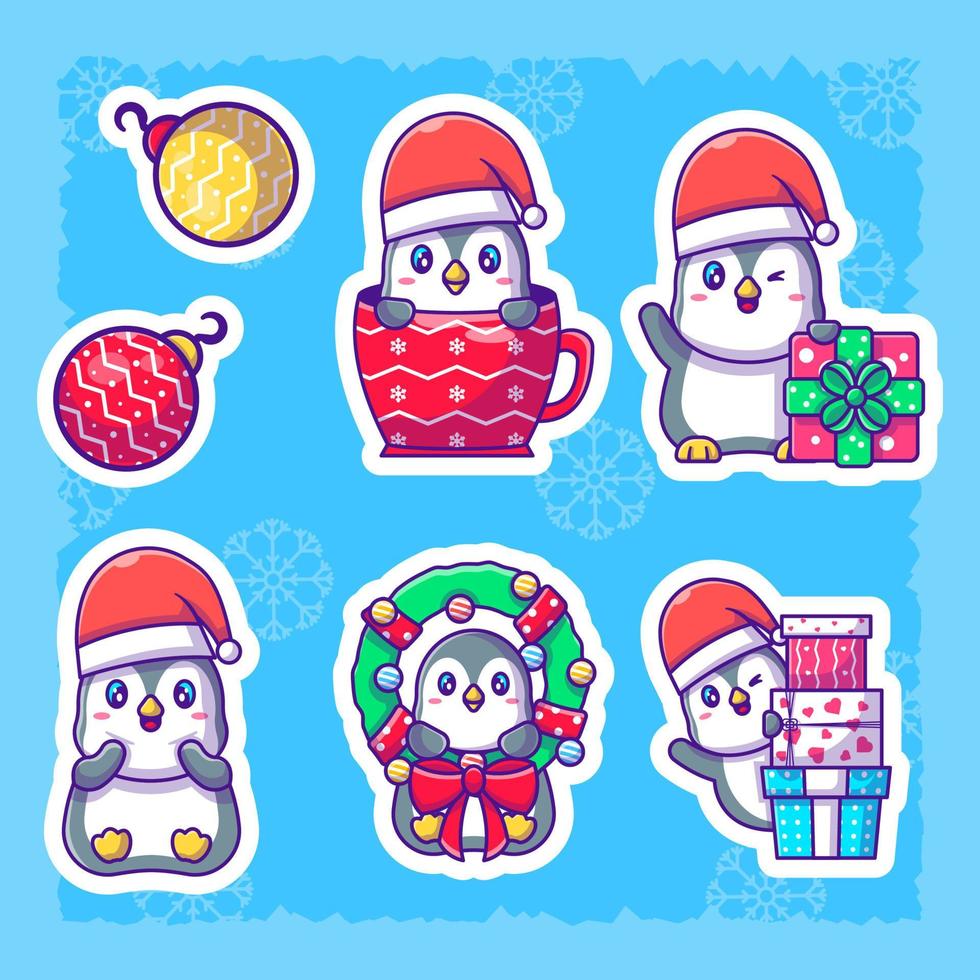 Cute penguin stickers set. collection of flat illustrations christmas vector