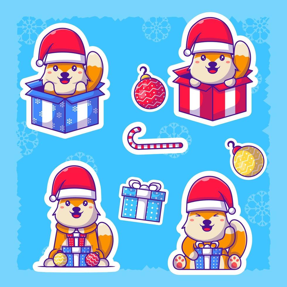 Cute christmas fox stickers set. collection of flat illustrations and Merry christmas vector