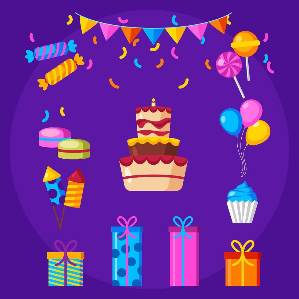 pile of gifts, candies and cakes for the party vector