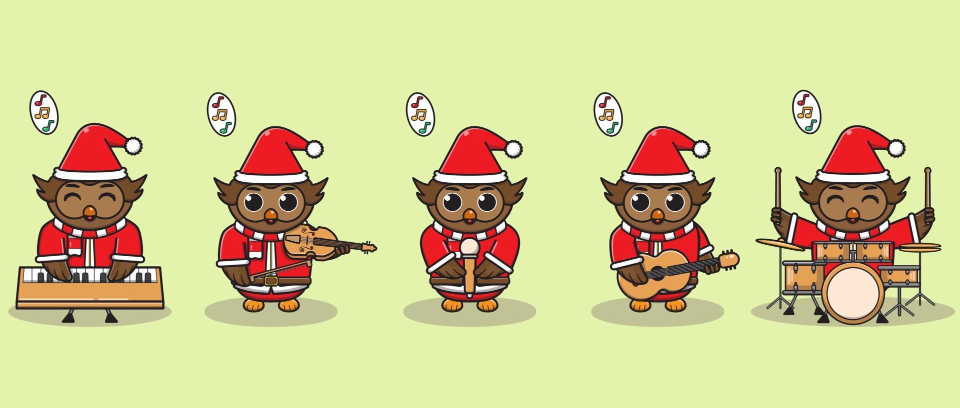 Vector illustration of Cute Owl Santa Claus play a musical instrument.