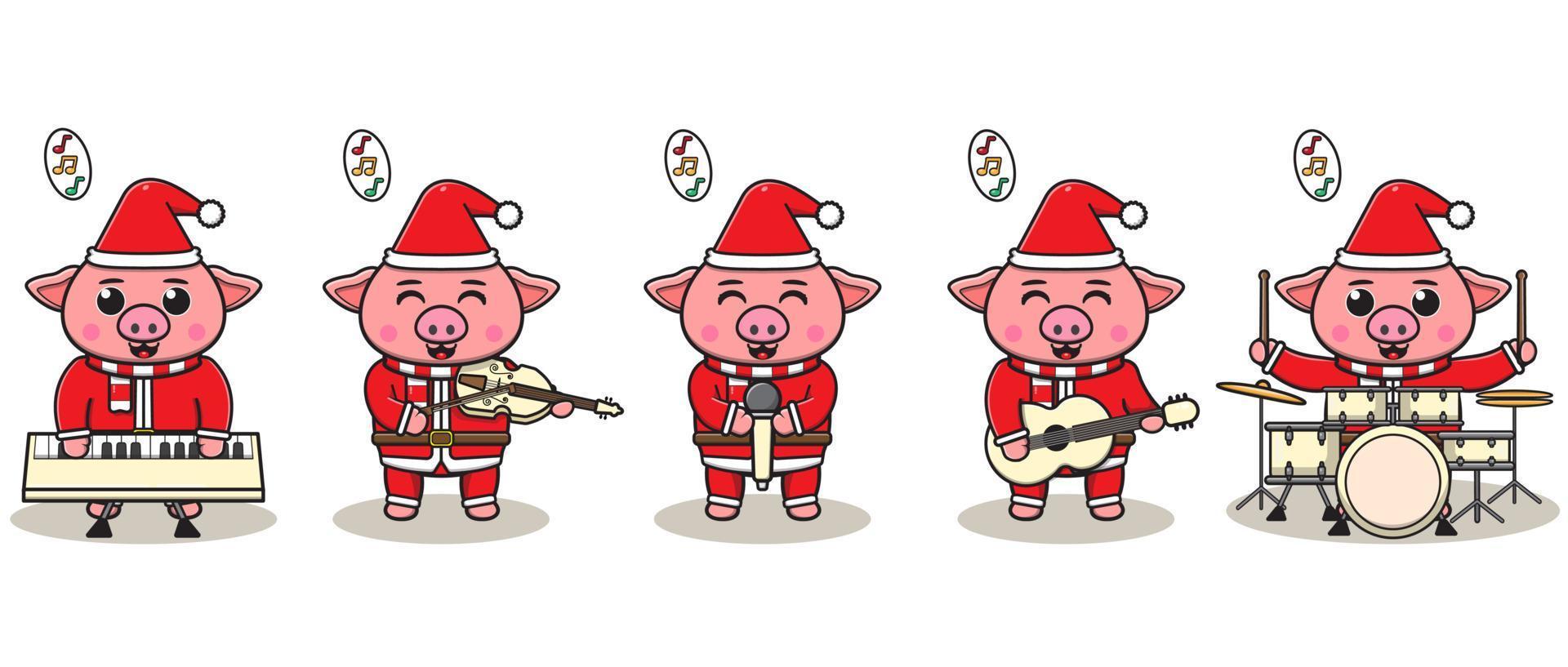 Vector illustration of Cute Pig Santa Claus play a musical instrument.