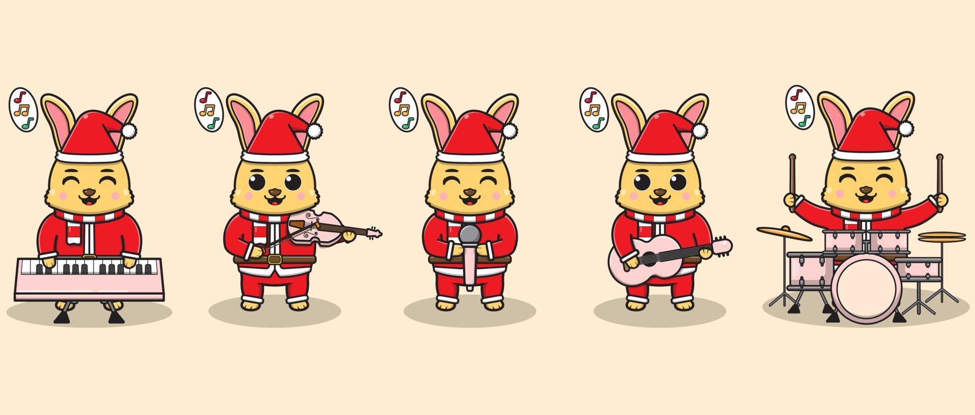 Vector illustration of Cute Rabbit Santa Claus play a musical instrument