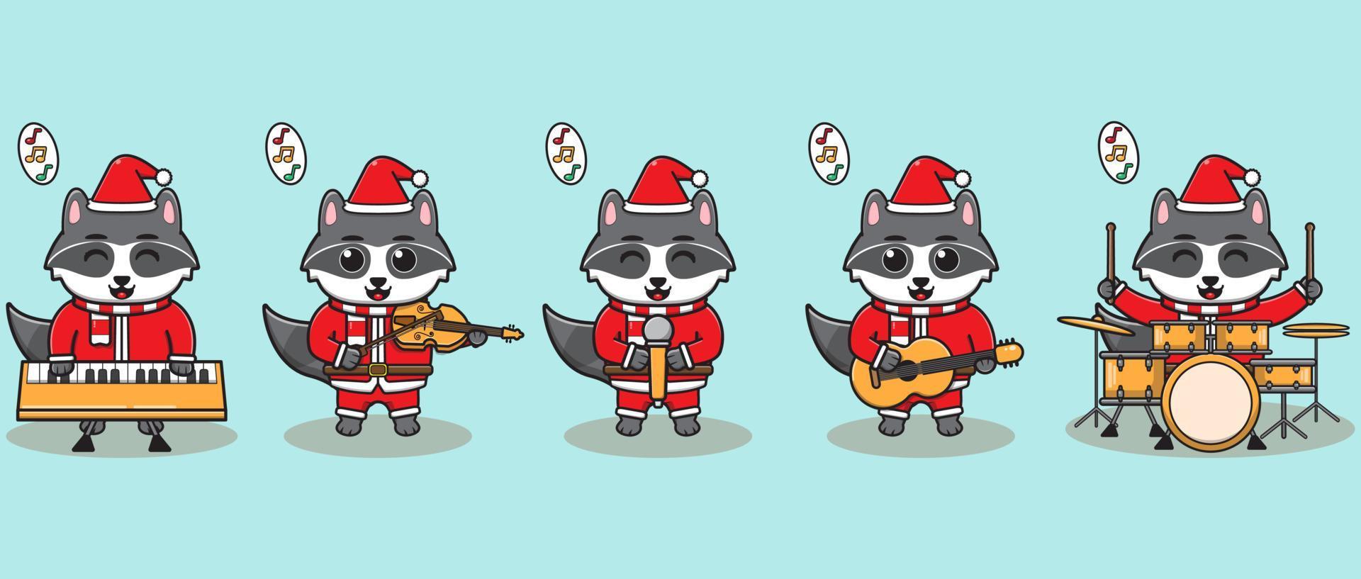 Ilustración vectorial de lindo mapache santa claus tocar un instrumento musical vector