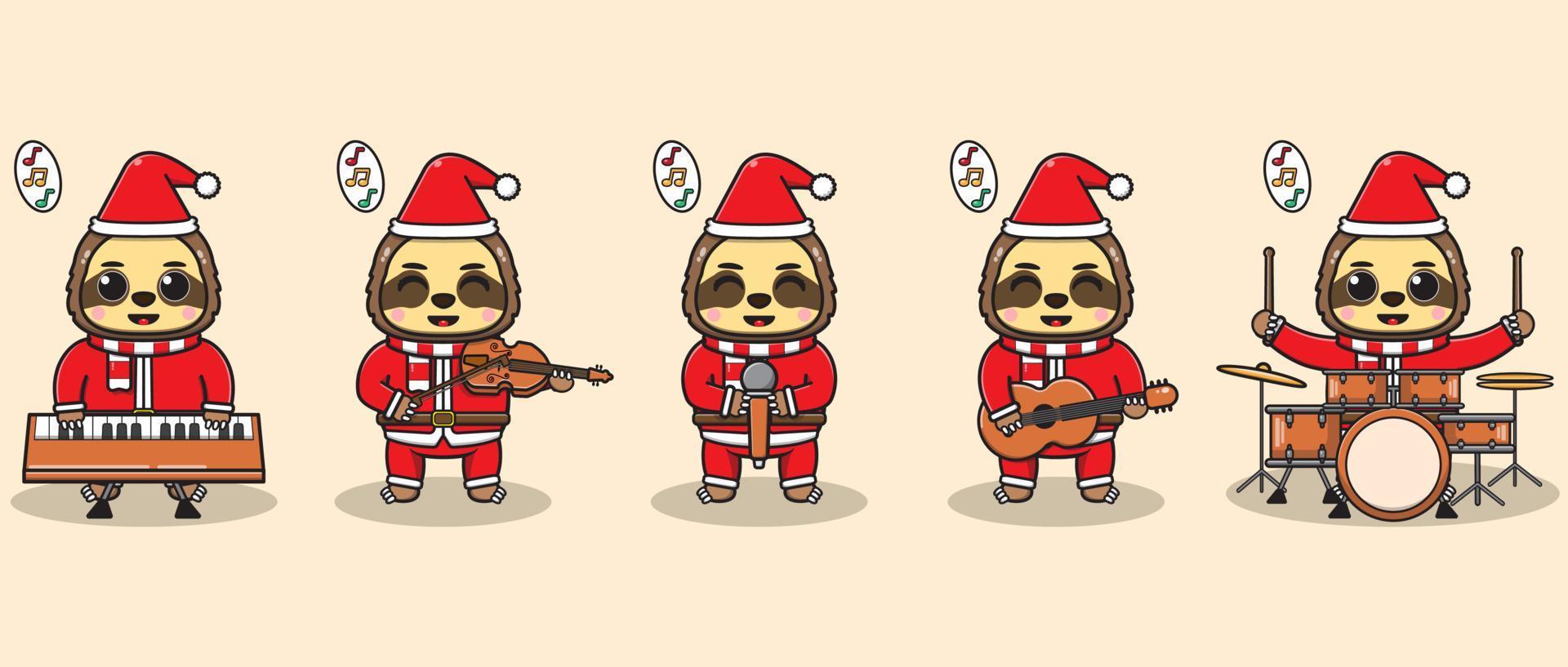 Vector illustration of Cute Sloth Santa Claus play a musical instrument