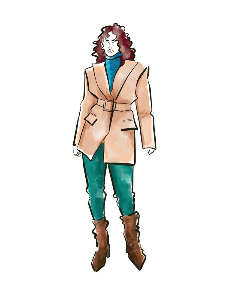 Ilustración de moda acuarela de una niña con una chaqueta vector