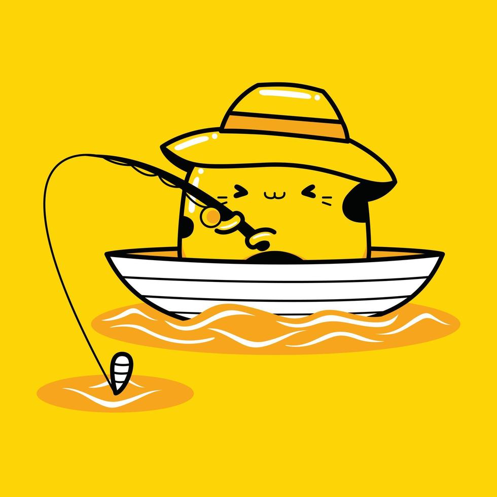 cute cat mascot character fishing in flat cartoon style vector